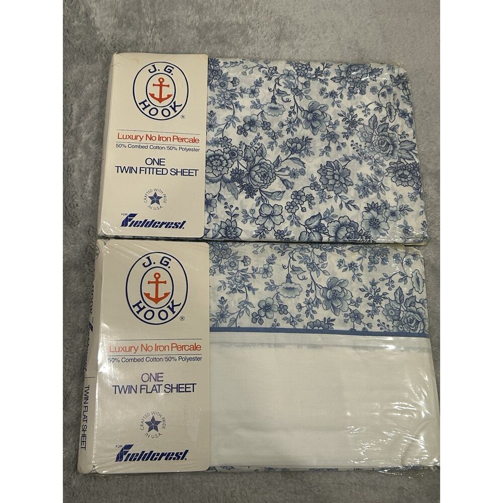 Fieldstone J.G.Hook Flat & Fitted Sheet Porcelain Flowers VTG Bedding - See Desc